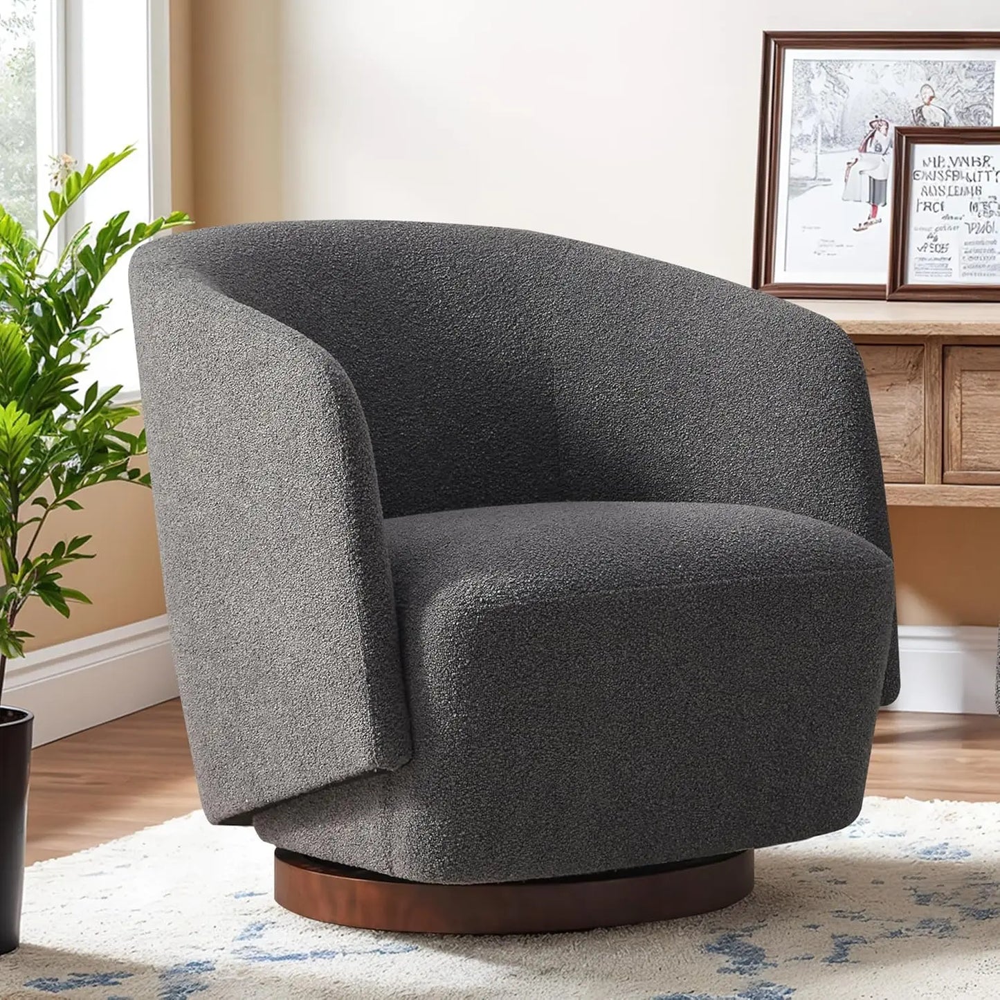 Boucle Swivel Accent Chair 360 Degree Upholstered Armchair Rubberwood Base