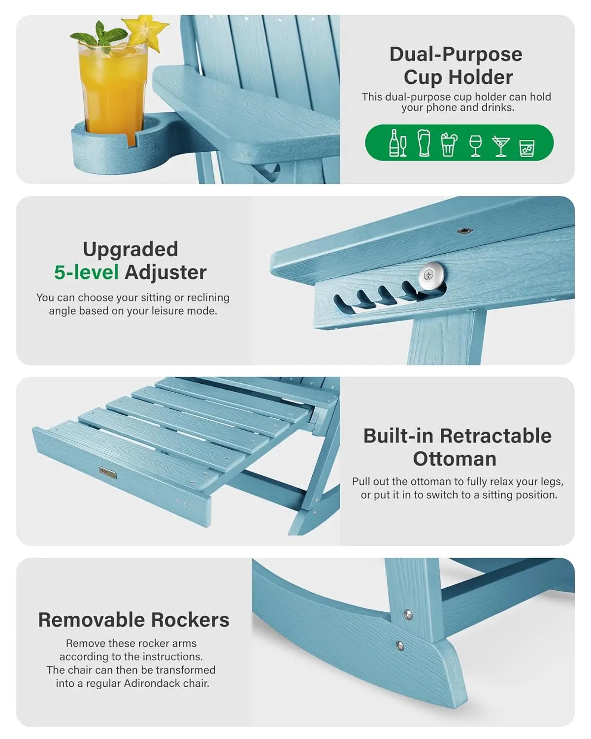 Adirondack Rocking Chairs Set With Retractable Ottoman And 5 Level Adjustment
