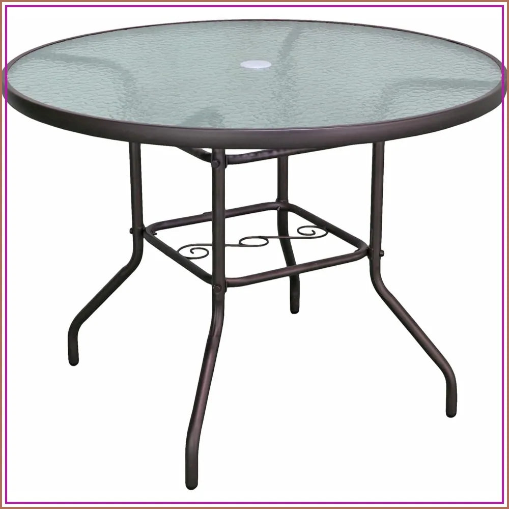 Round Patio Dining Table With Steel Base And Glass Top