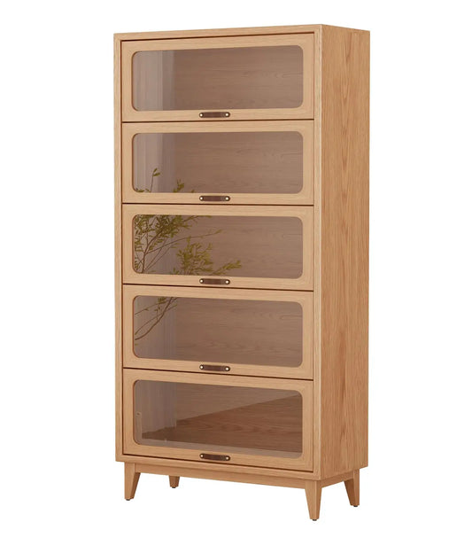 5 Tier Solid Wood Bookcase With Tempered Glass Doors