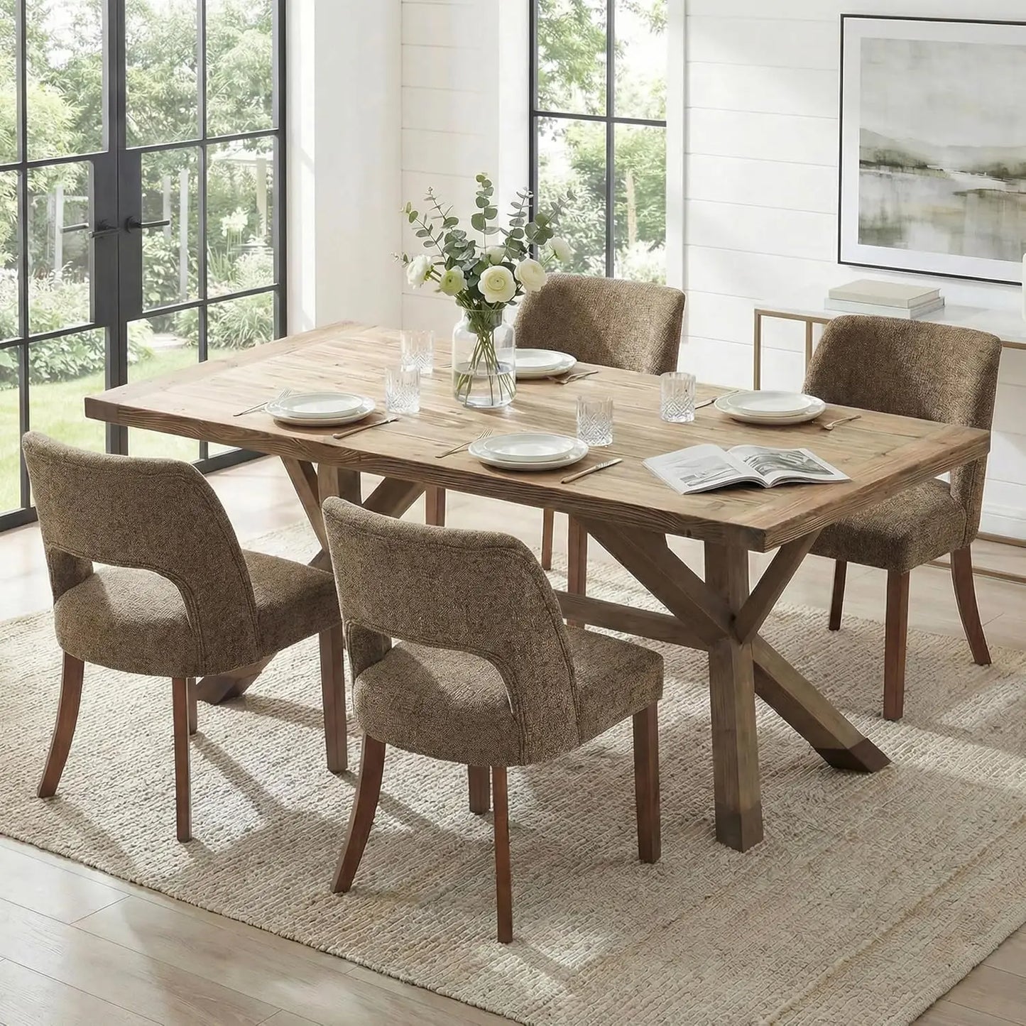 Frame Wooden Dining Chairs Set Of 4 Mid Century Modern Upholstered Rubberwood