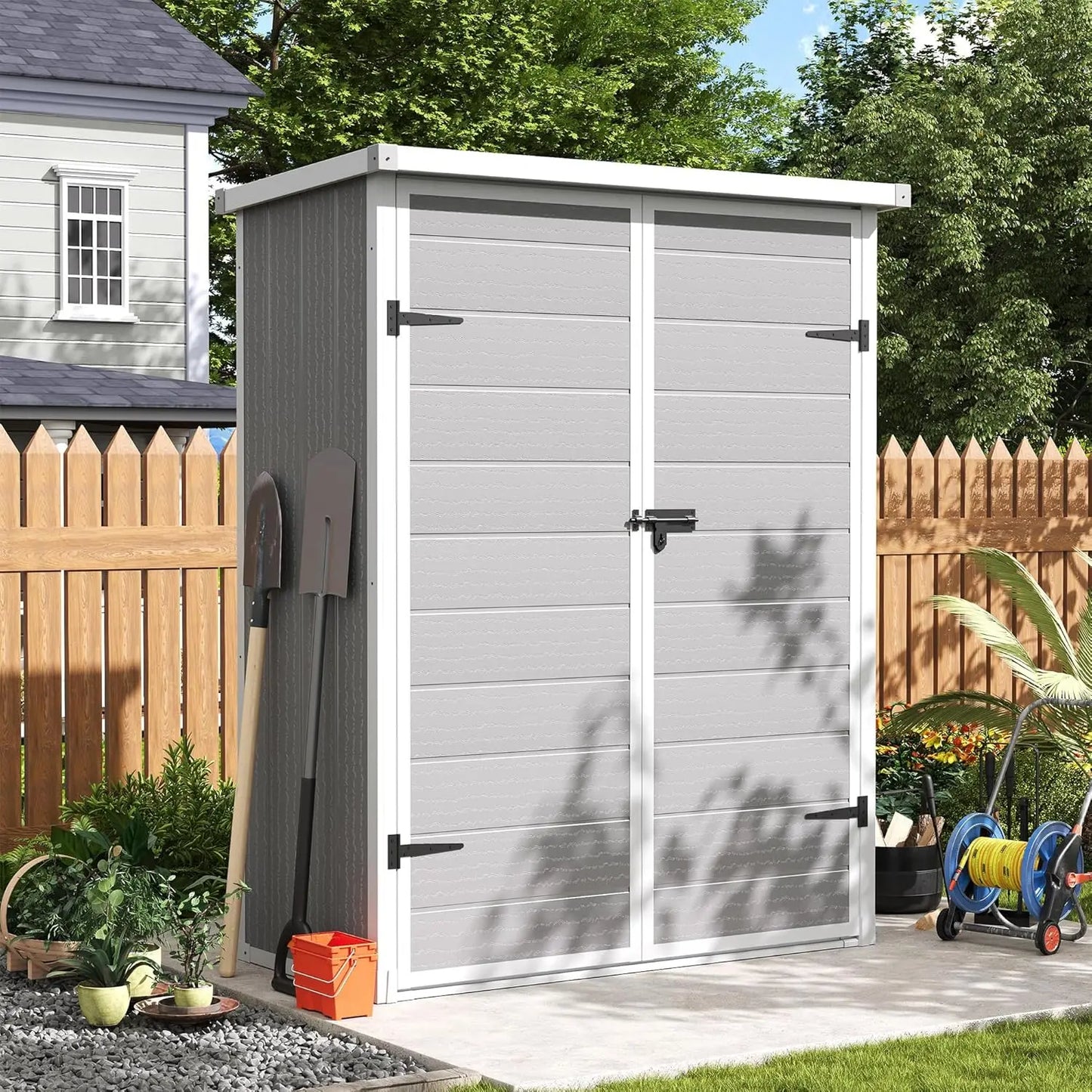 Waterproof Resin Vertical Storage Shed For Patio Garden Tools