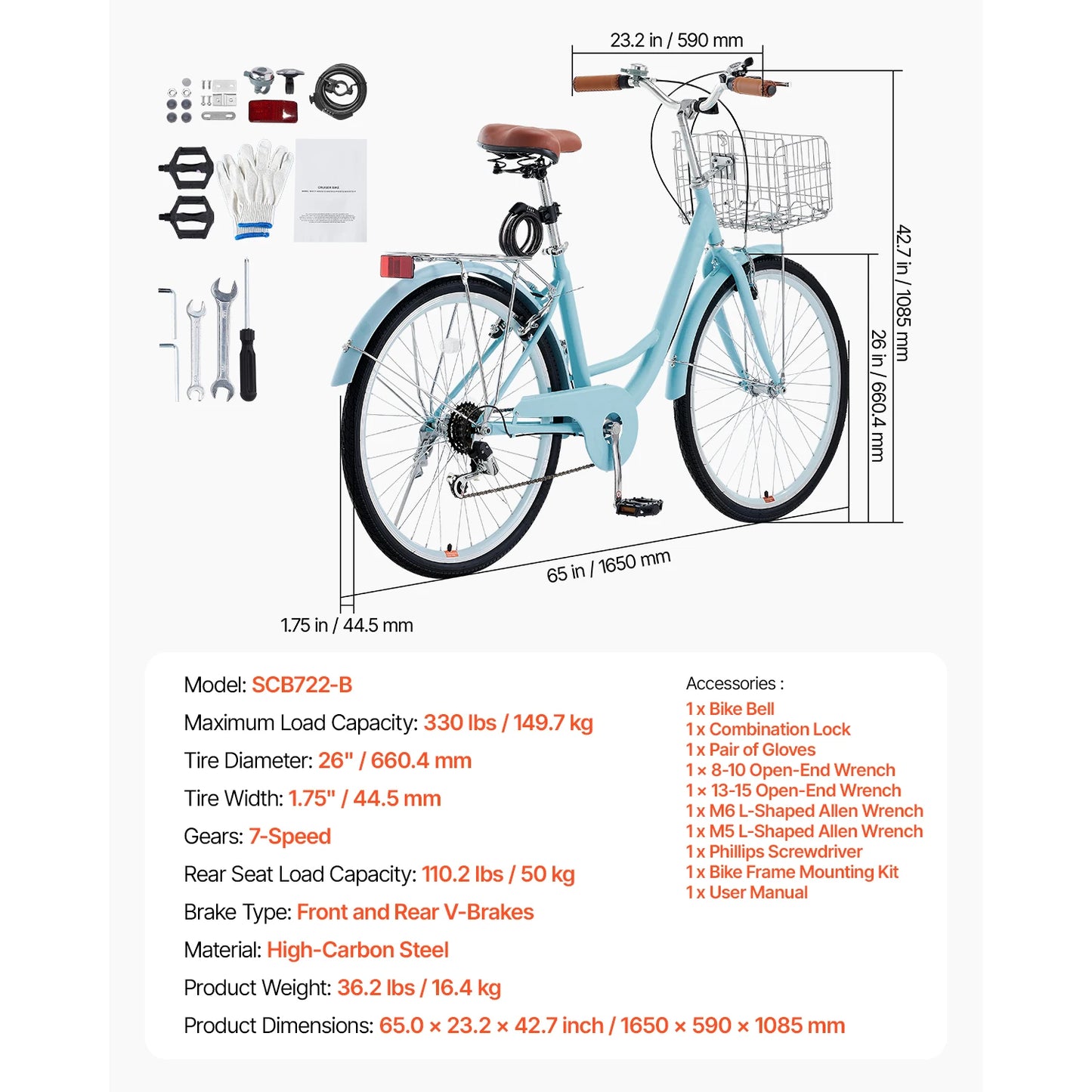 SucceBuy Cruiser Beach Bike With Basket And Rear Rack
