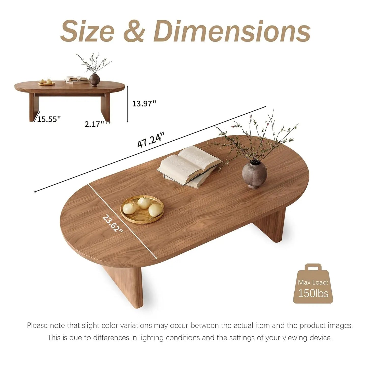 47" Oval Wooden Small Coffee Table for Living Room - Mid Century Modern Tables for Small Spaces, Lounge & Office,, Customized