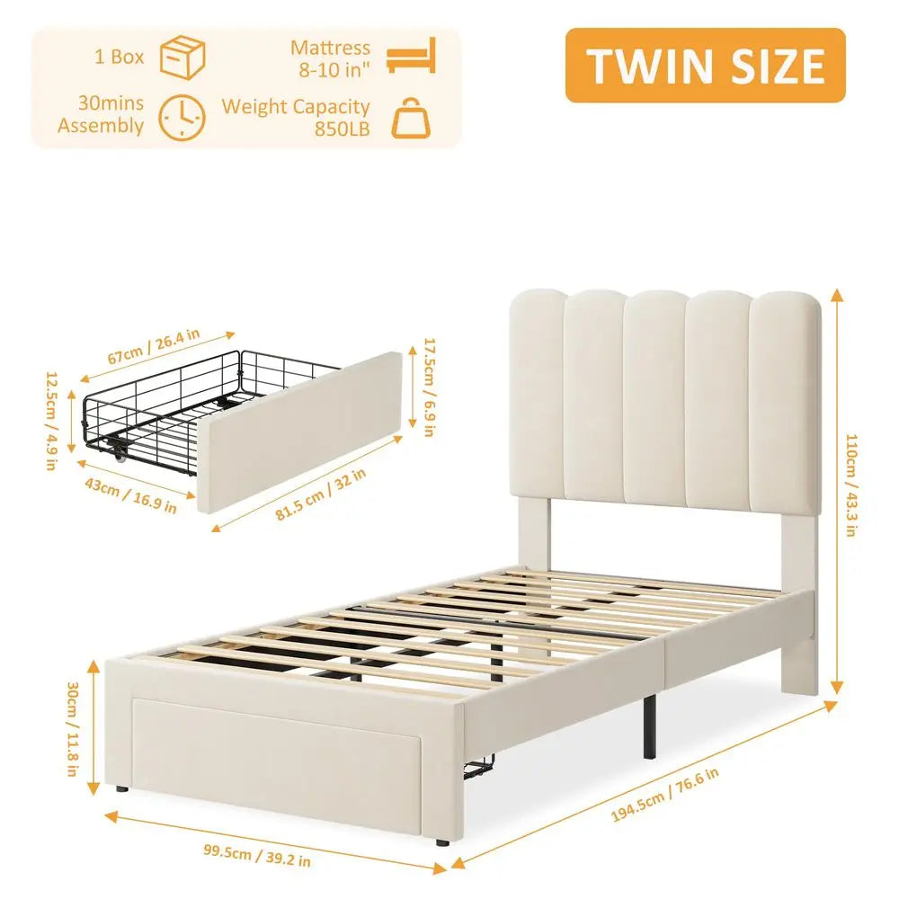 YTYIN Bed Frame With Underbed Drawers And Wave Headboard