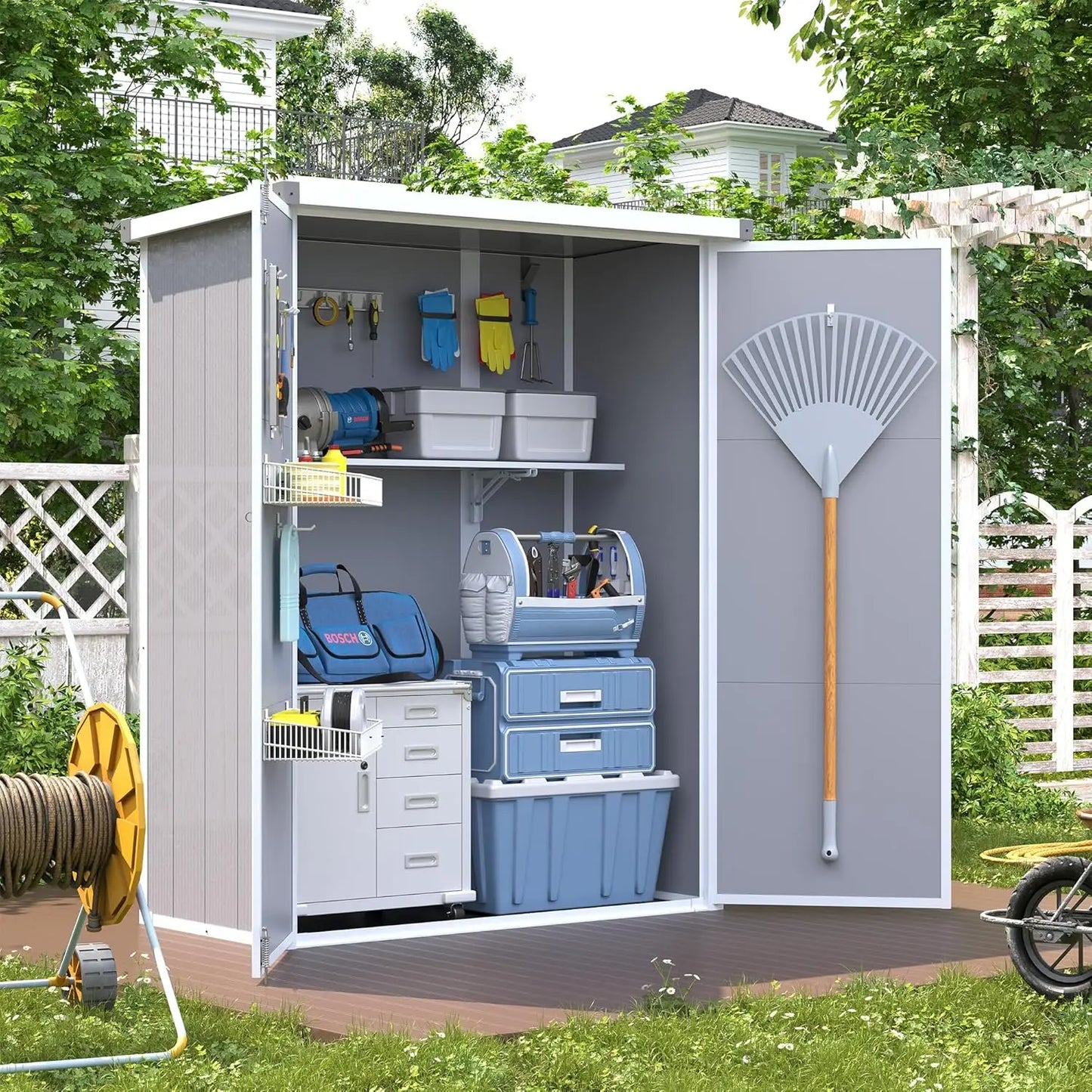 Waterproof Resin Vertical Storage Shed For Patio Garden Tools