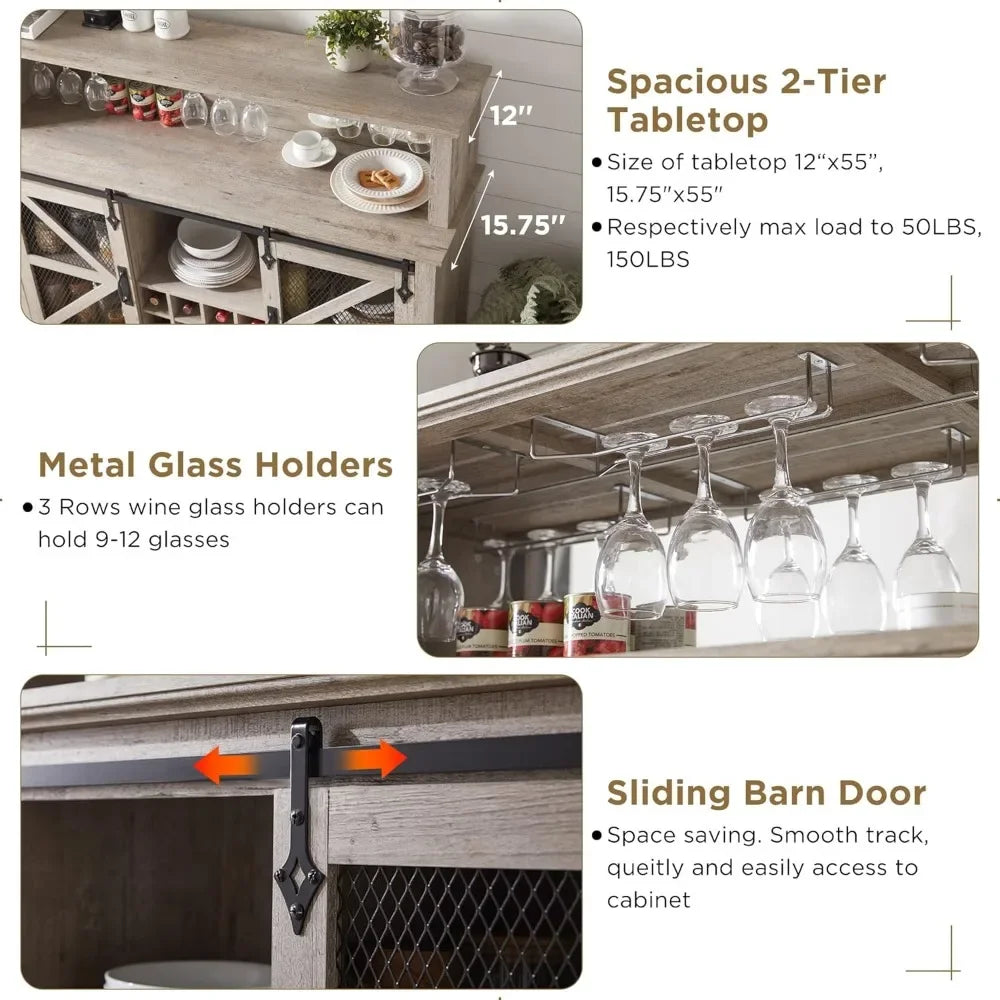 Farmhouse Coffee Bar Cabinet With Hutch And Sliding Barn Doors