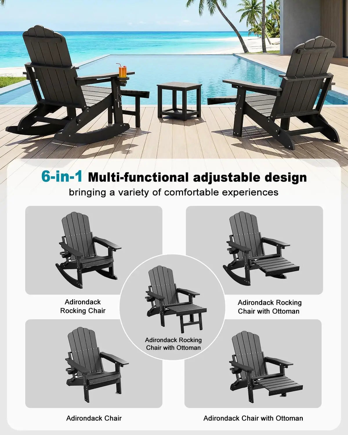 Adirondack Rocking Chairs With Retractable Ottoman And Cup Holders