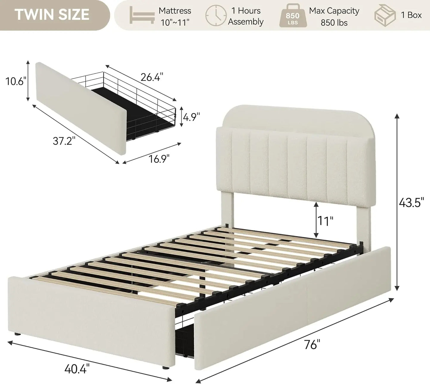 Twin Size Bed Frame with 2 Flexible Drawers, Boucle Upholstered Platform Bed Frame with Bookcase Headboard, Bedframe for Kids/Gi