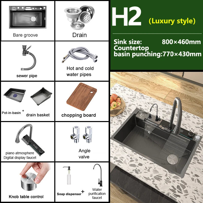 Telisiya Waterfall Kitchen Sink Stainless Steel Single Slot Digital Display