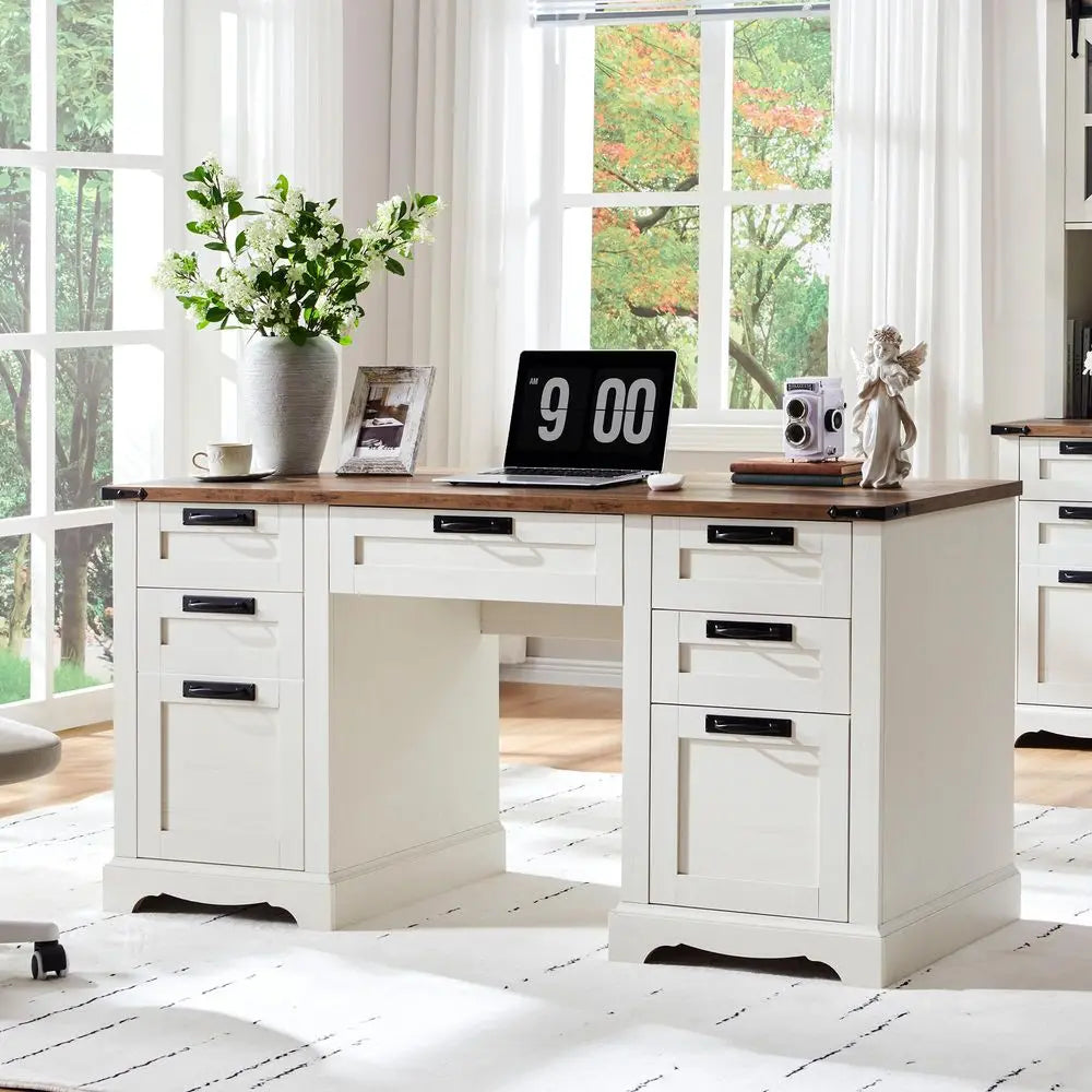 QWC Farmhouse Executive Desk With Drawers And Charging Station