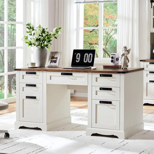 QWC Farmhouse Executive Desk With Drawers And Charging Station