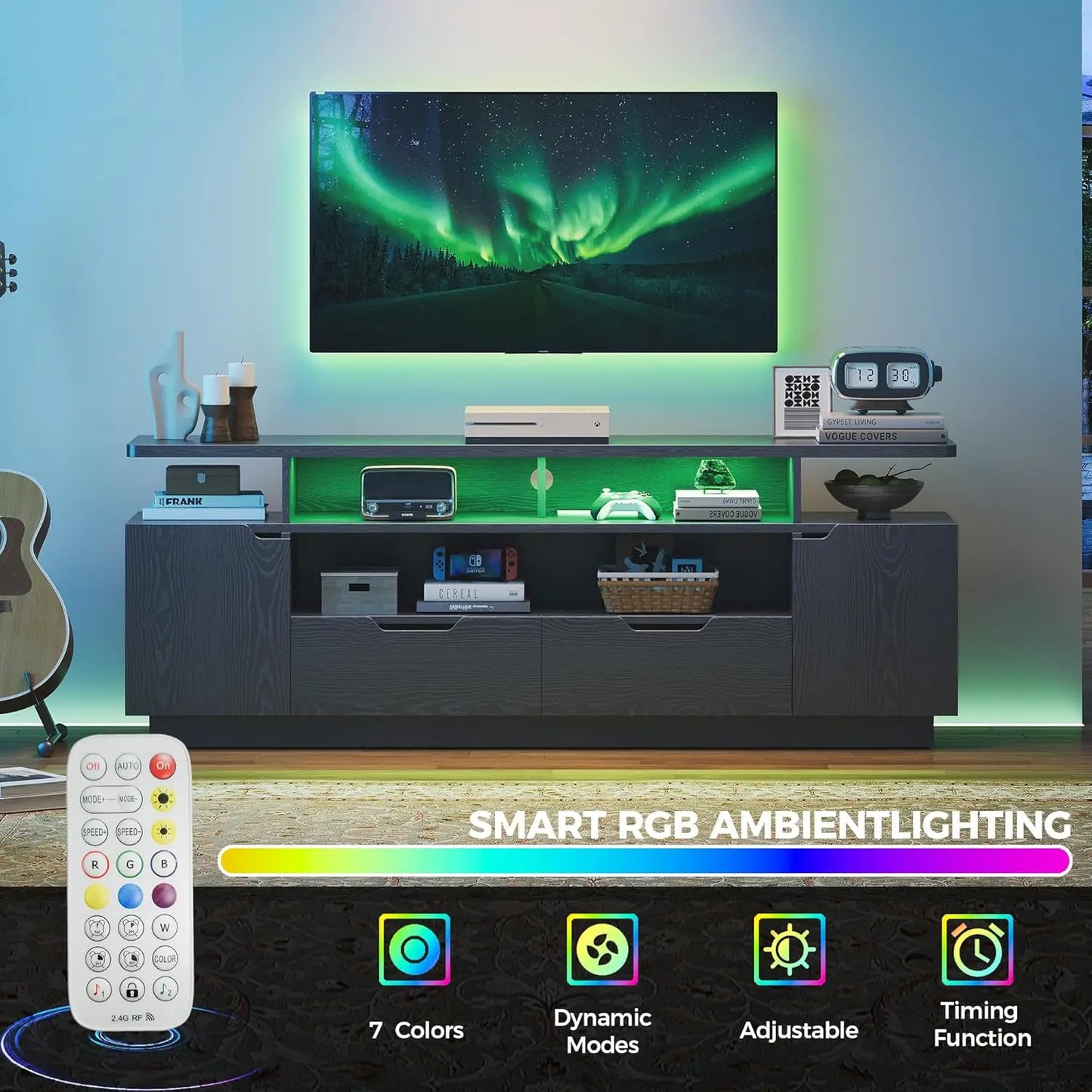 IRONCK TV Stand With Power Outlet And LED Lights Cabinets