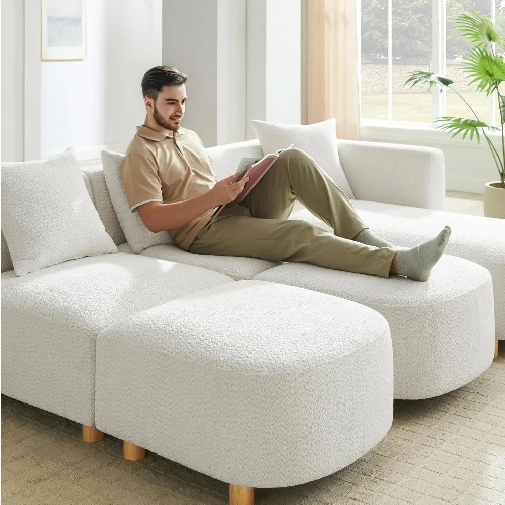 Modular Sectional Sofa Boucle Cloud Couch 5-Seater With Ottoman