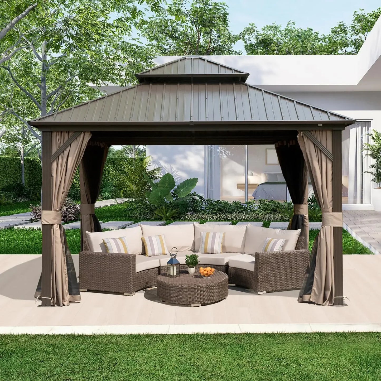 10x10FT, Aluminum Metal Gazebo with Galvanized Steel Double Roof Canopy, Curtain and Netting, Permanent Gazebo，Custom