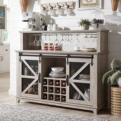 Farmhouse Coffee Bar Cabinet With Hutch And Sliding Barn Doors