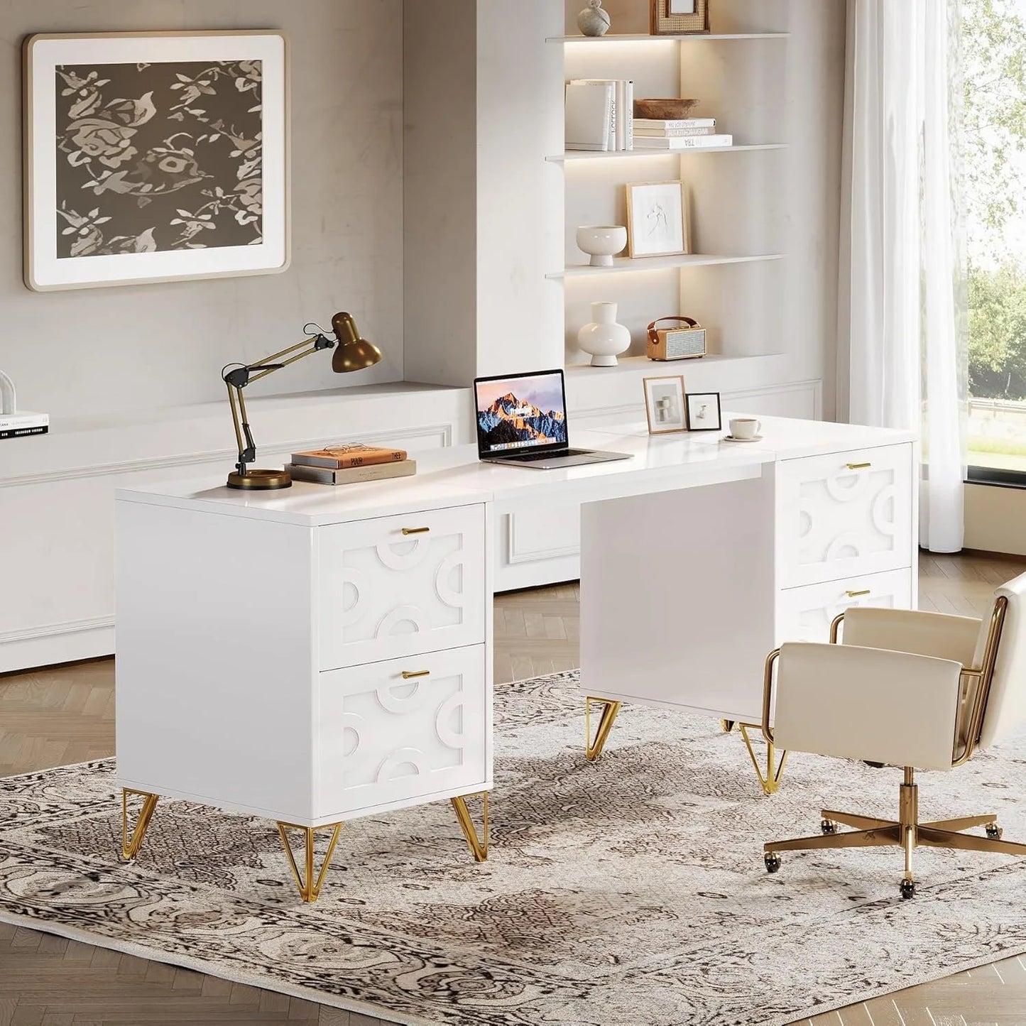 XIUWO Luxury Executive Desk With Four File Drawers