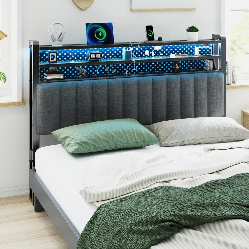 Adjustable Upholstered Headboard With Shelves Pegboard And LED