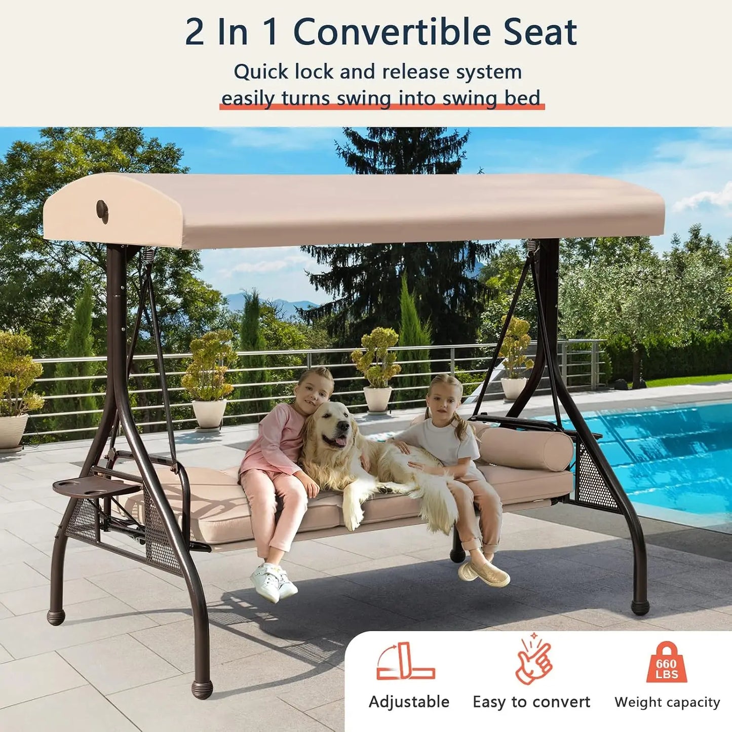 Patio Porch Swing With Adjustable Canopy And Cushion