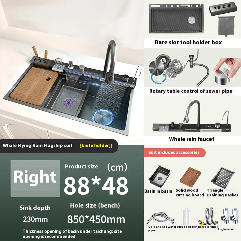 Telisiya Waterfall Kitchen Sink Stainless Steel Single Slot Digital Display