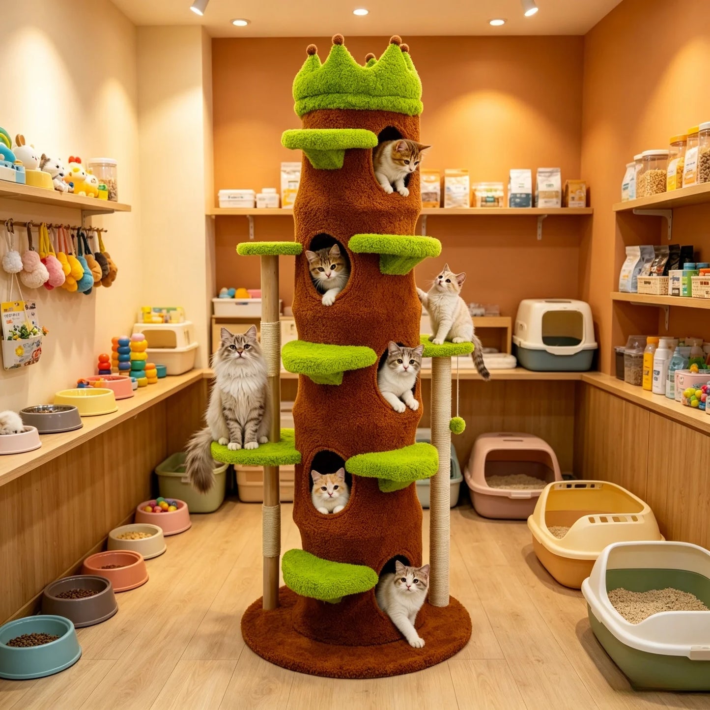 187CM Tall Indoor Cat Tree Tower Large Vibrant Green Cat Climbing Tree Activity Tower Crown-shaped Perch Plush Stairs Cat Condo