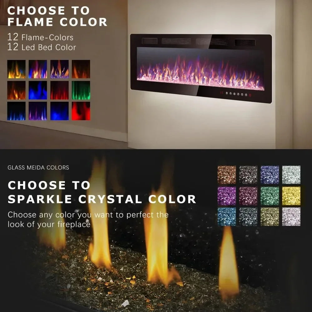 72 inch ultra-thin electric fireplace in-wall recessed and wall mounted fireplace heater,linear fireplace with multicolor flame