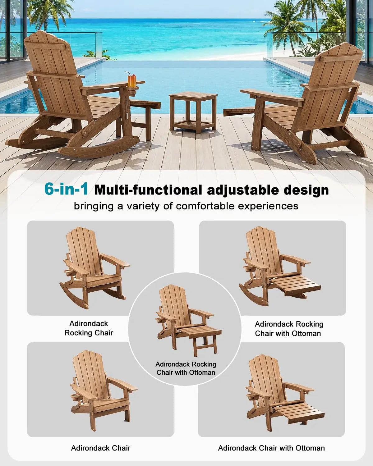 Folding Adirondack Rocking Chair with Retractable Ottoman & Cup Holder Patio Porch Lawn Outdoor Brown Set of 4, Custom