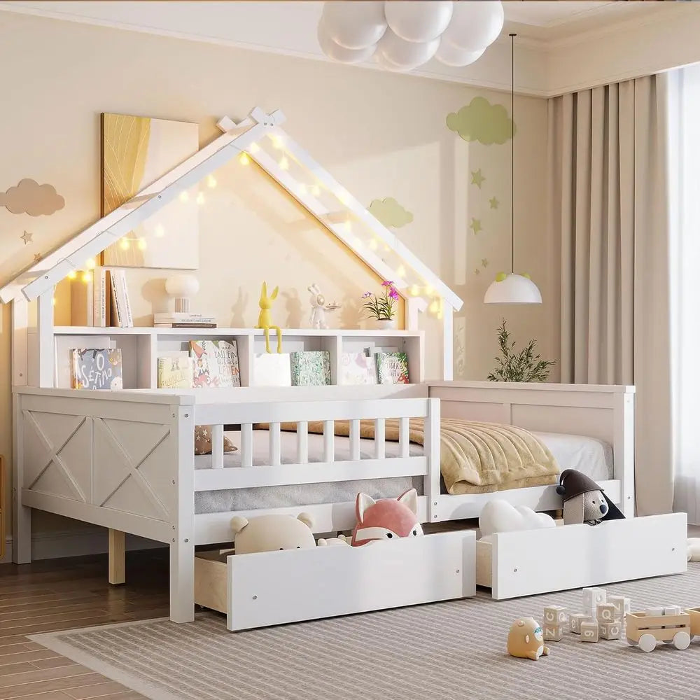 Full-Size Wooden Bed with Storage Drawers, LED Daybed, Shelves, and Safety Rails for Kids - White