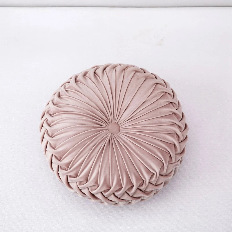 Round Velvet Throw Pillow With Pleated Design