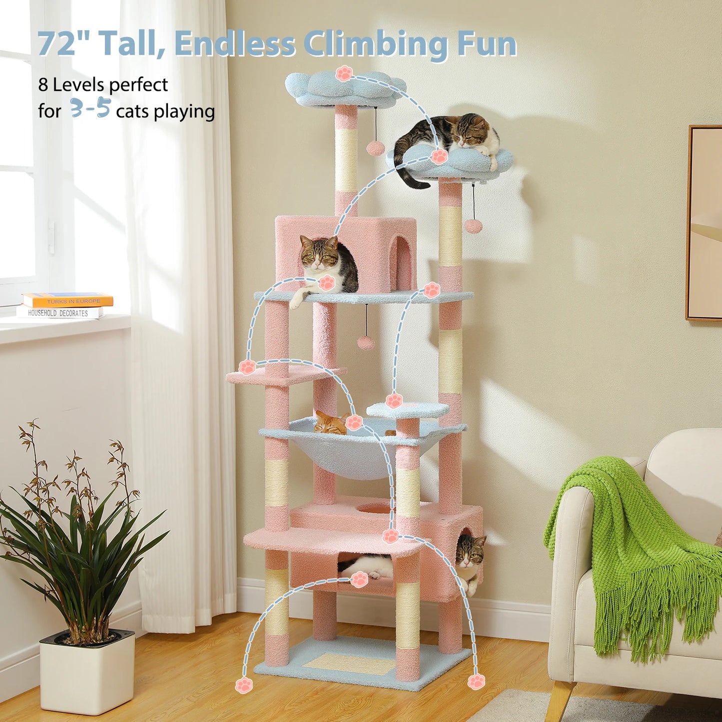 PETEPELA Cat Tree Tower With Sisal Posts Hammocks And Condos