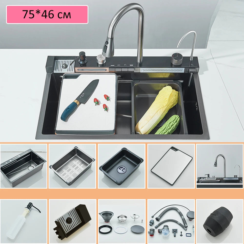 Quyanre Stainless Steel Kitchen Sink With Waterfall Design And Faucet