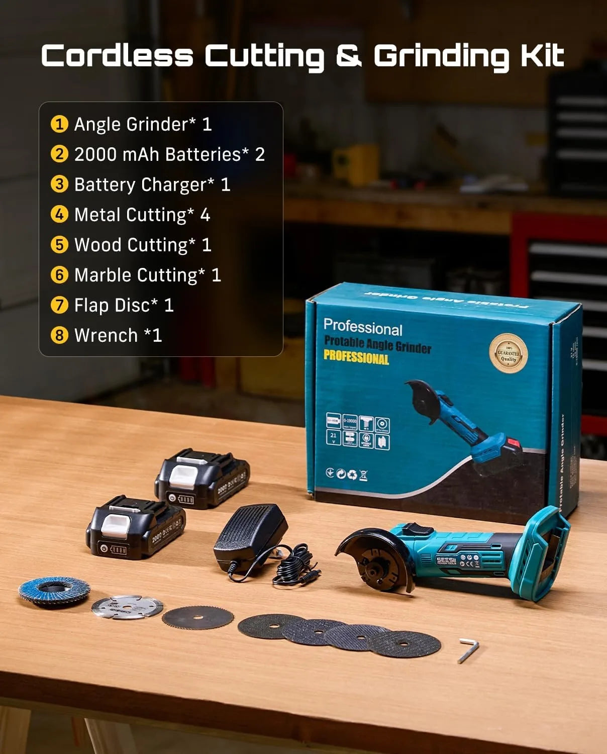 SEESII Cordless Mini Angle Grinder 3 Inch Brushless Angle Grinder 19000 RPM with 2pcs 21V 2.0Ah Batteries, 7pcs Cutting Discs 210W Power Electric Grinder Tool for Metal Wood Polishing Rust Removal