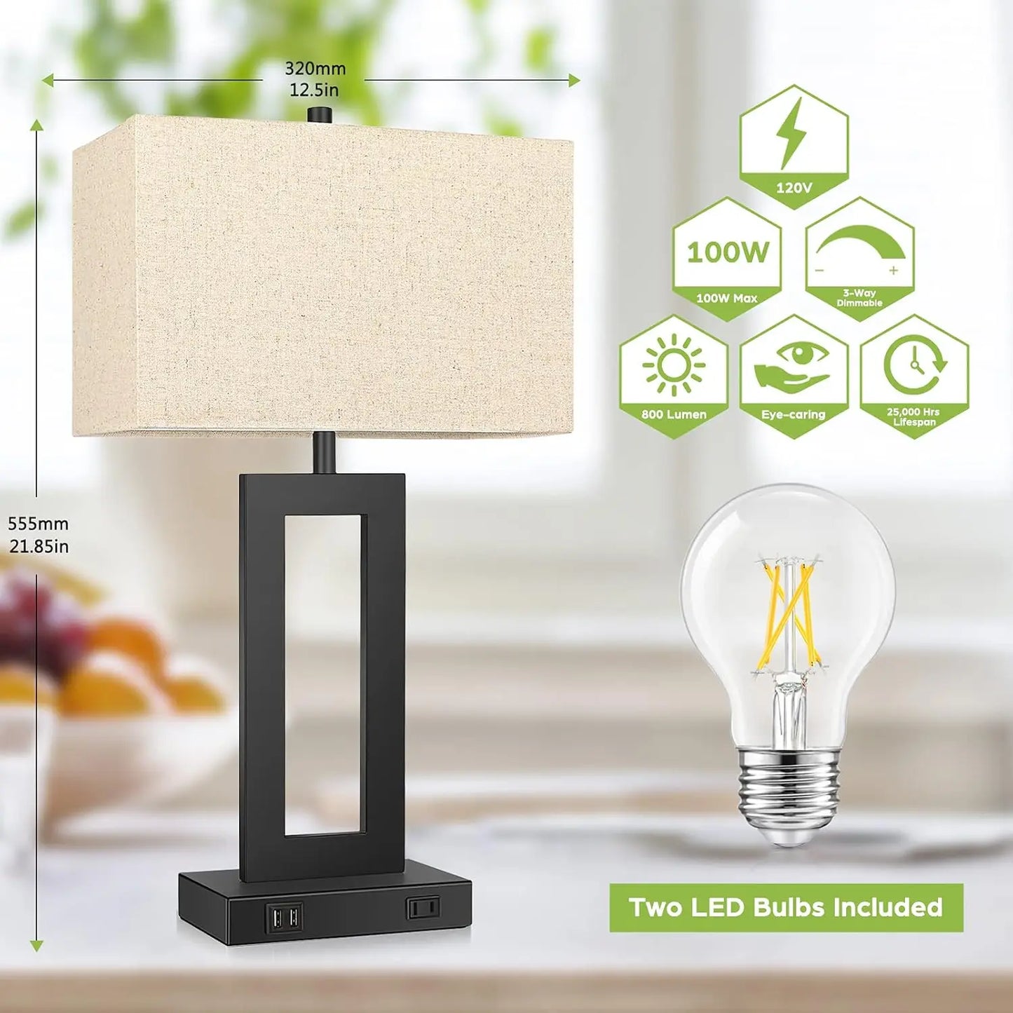 2-Pack Touch Control Table Lamp With USB Ports Dimmable Nightstand
