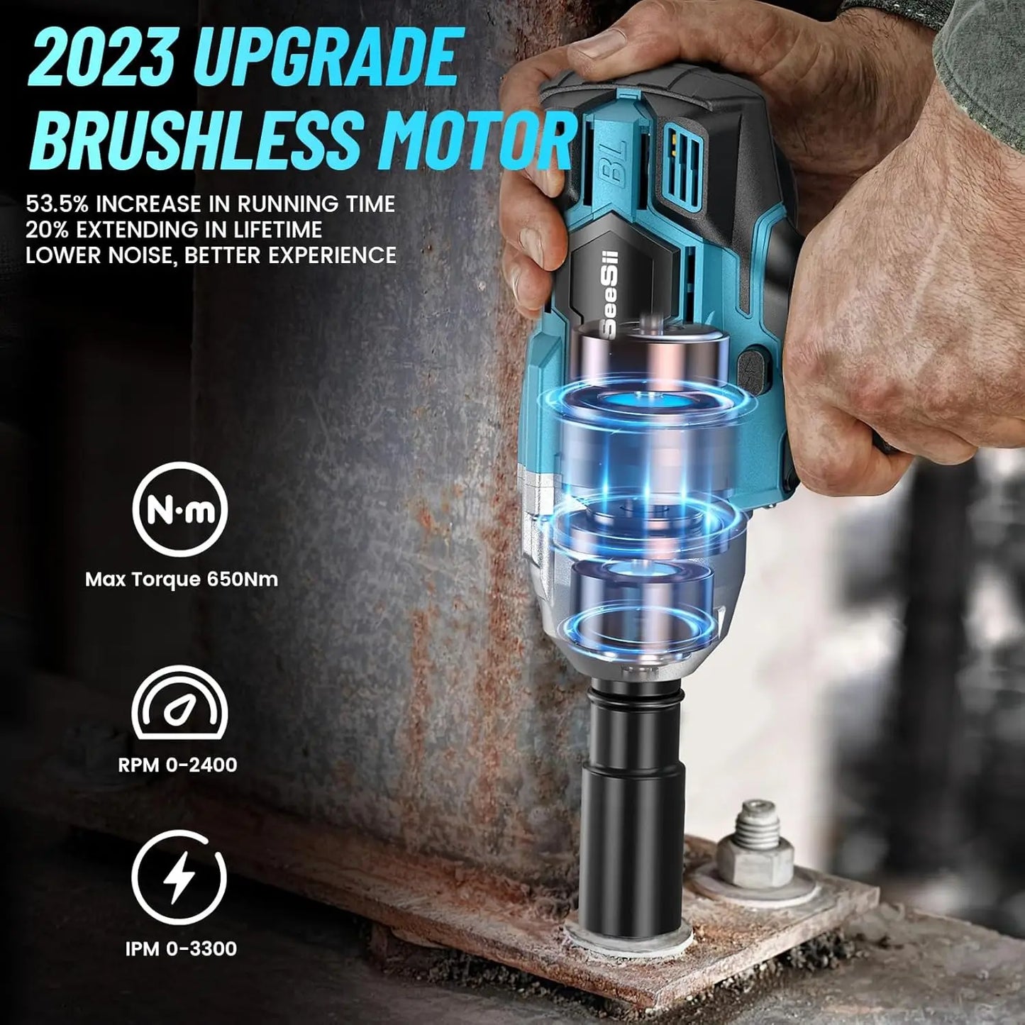Seesii Brushless Cordless Impact Wrench 1 2 Inch 650 Nm