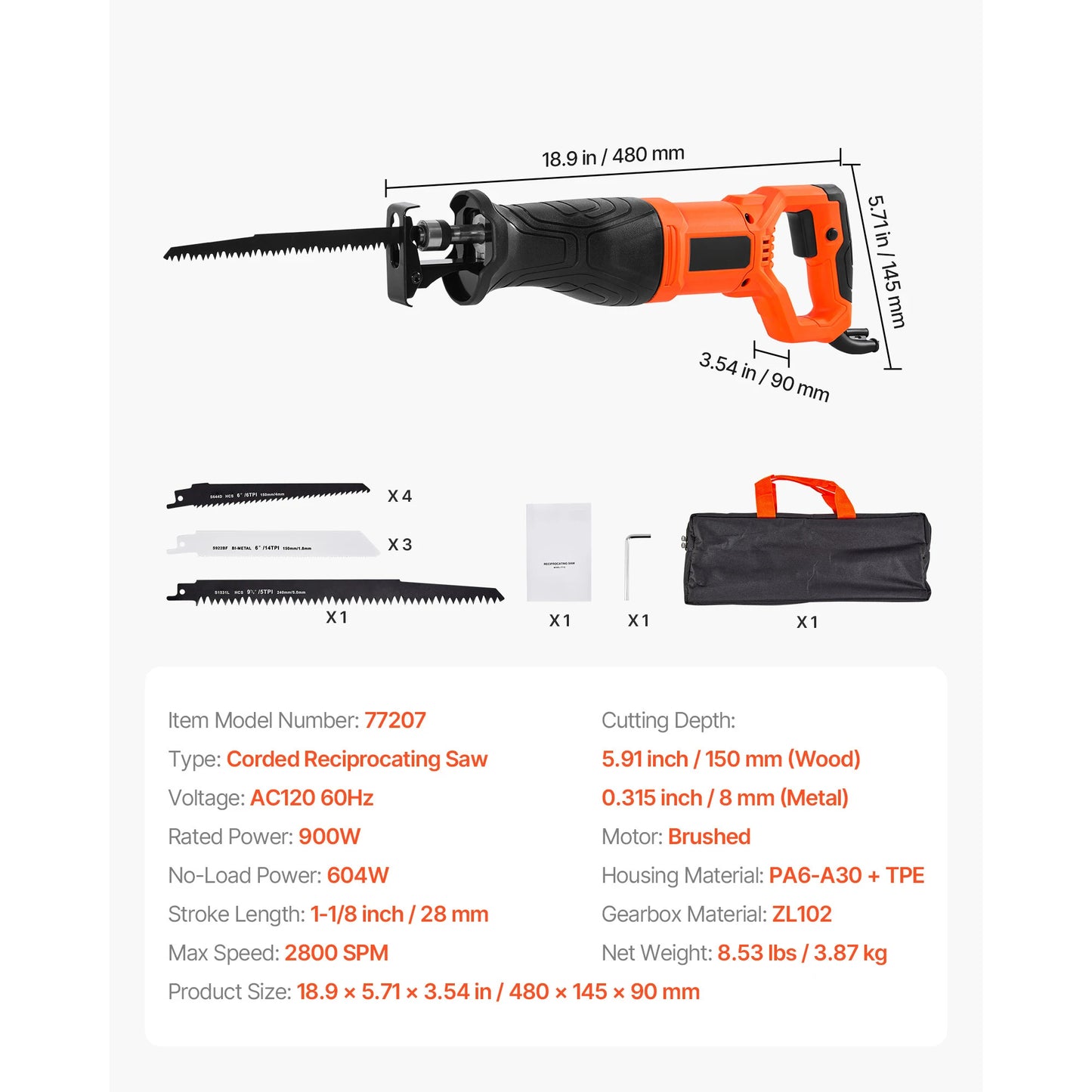 SucceBuy Corded Reciprocating Saw 120V 7.5A 2800 SPM
