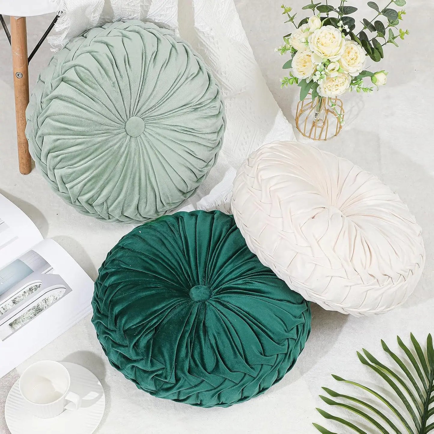 Round Velvet Throw Pillow With Pleated Design