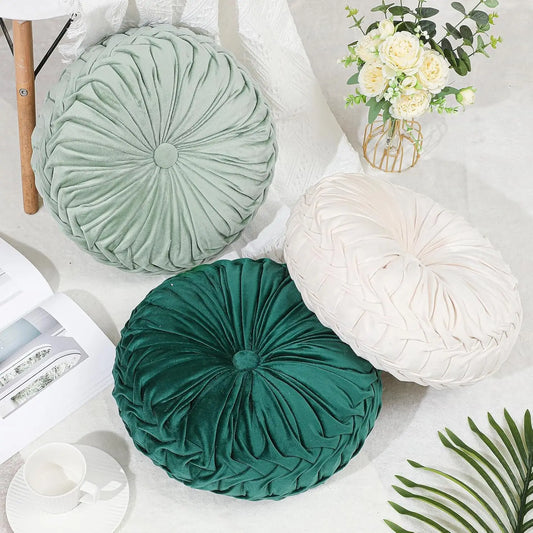 Round Velvet Pleated Decorative Throw Pillow