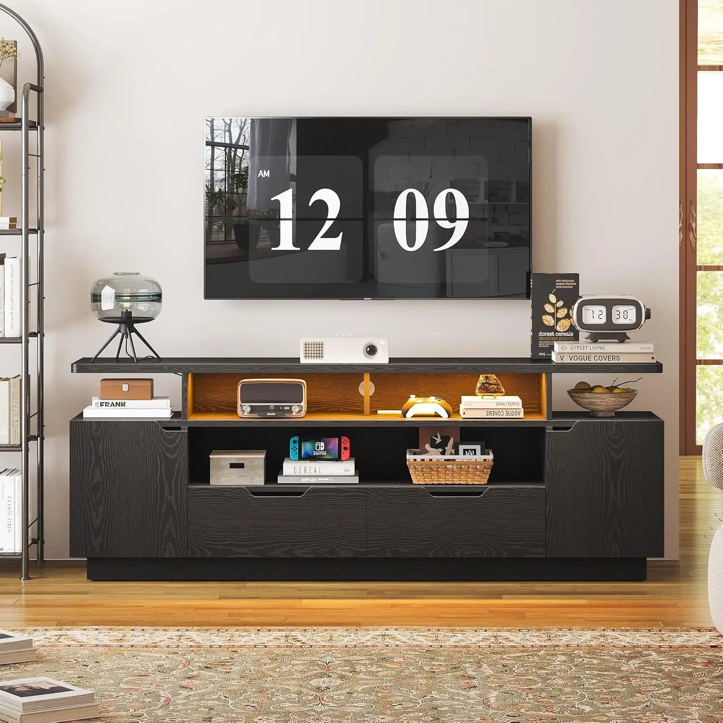 IRONCK TV Stand With Power Outlet And LED Lights Cabinets