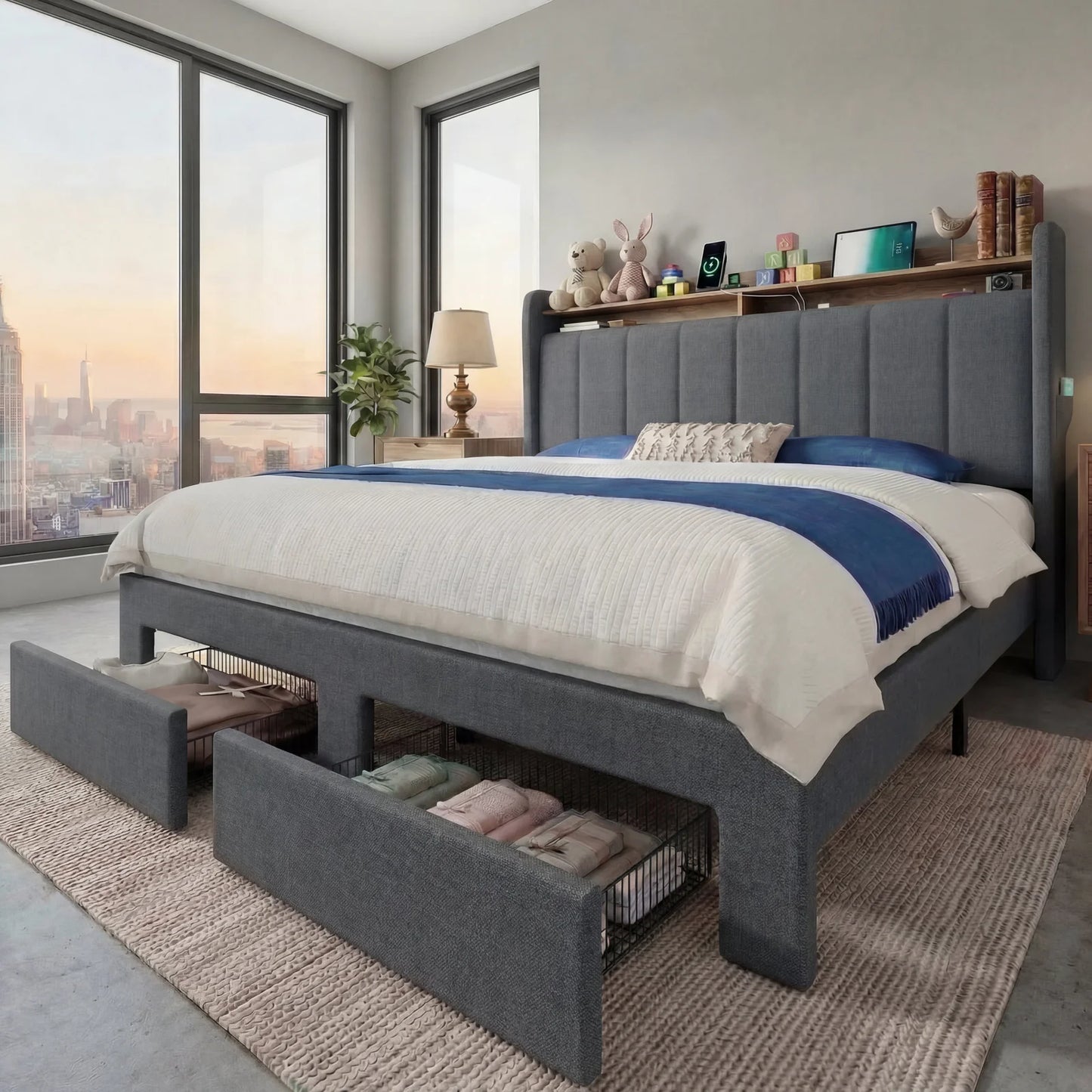 Hoomic Full Queen King Bed Frame With Storage Drawers Shelves Led Lights Charging Station