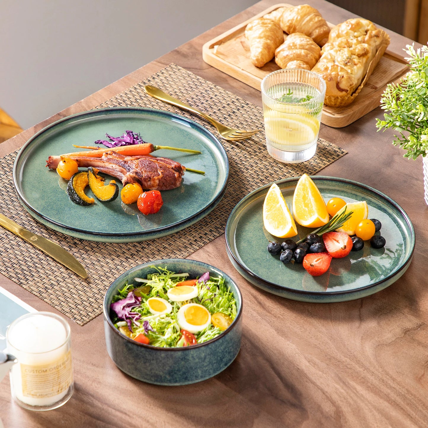 MALACASA Ceramic Dinnerware Set Reactive Glaze Vertical Edge