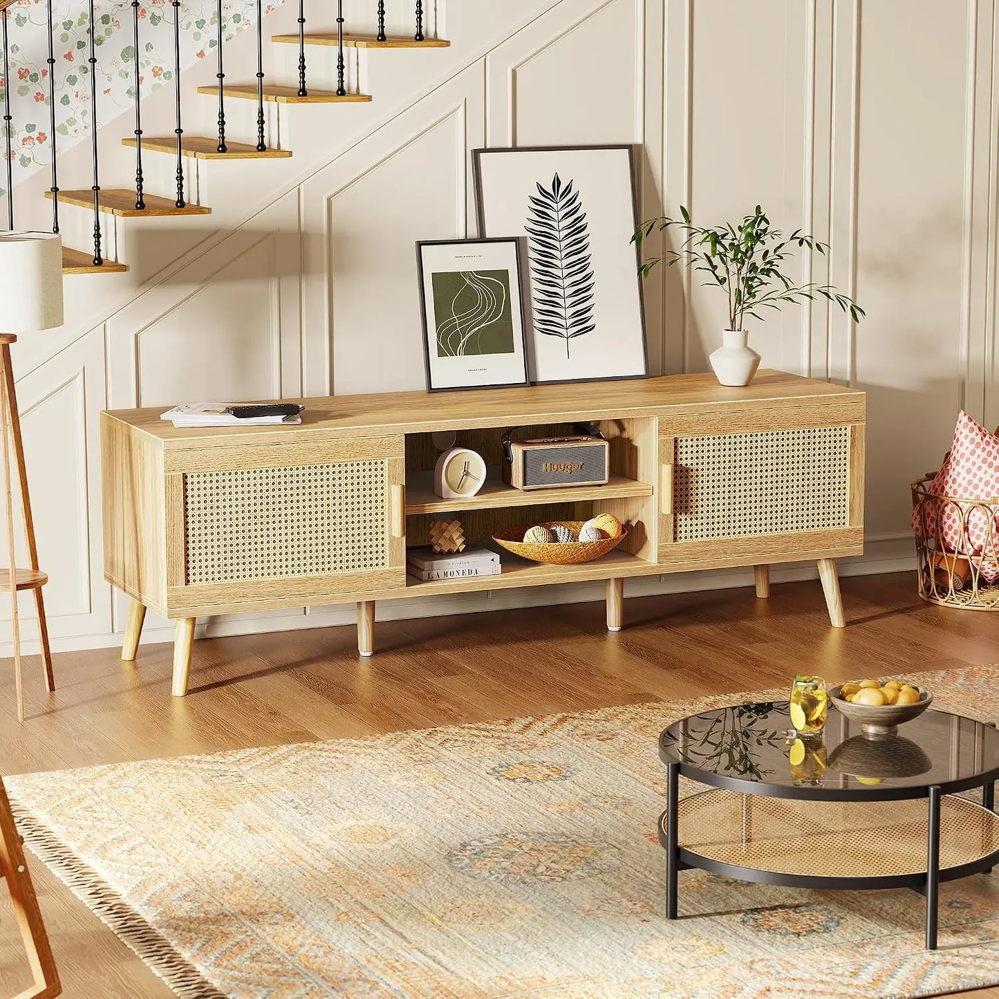 Boho TV Stand Rattan Console With Adjustable Shelves 2 Cabinets