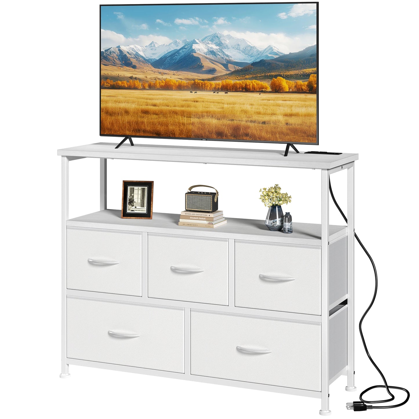 JHK TV Stand With Charging Station Media Console Open Shelves