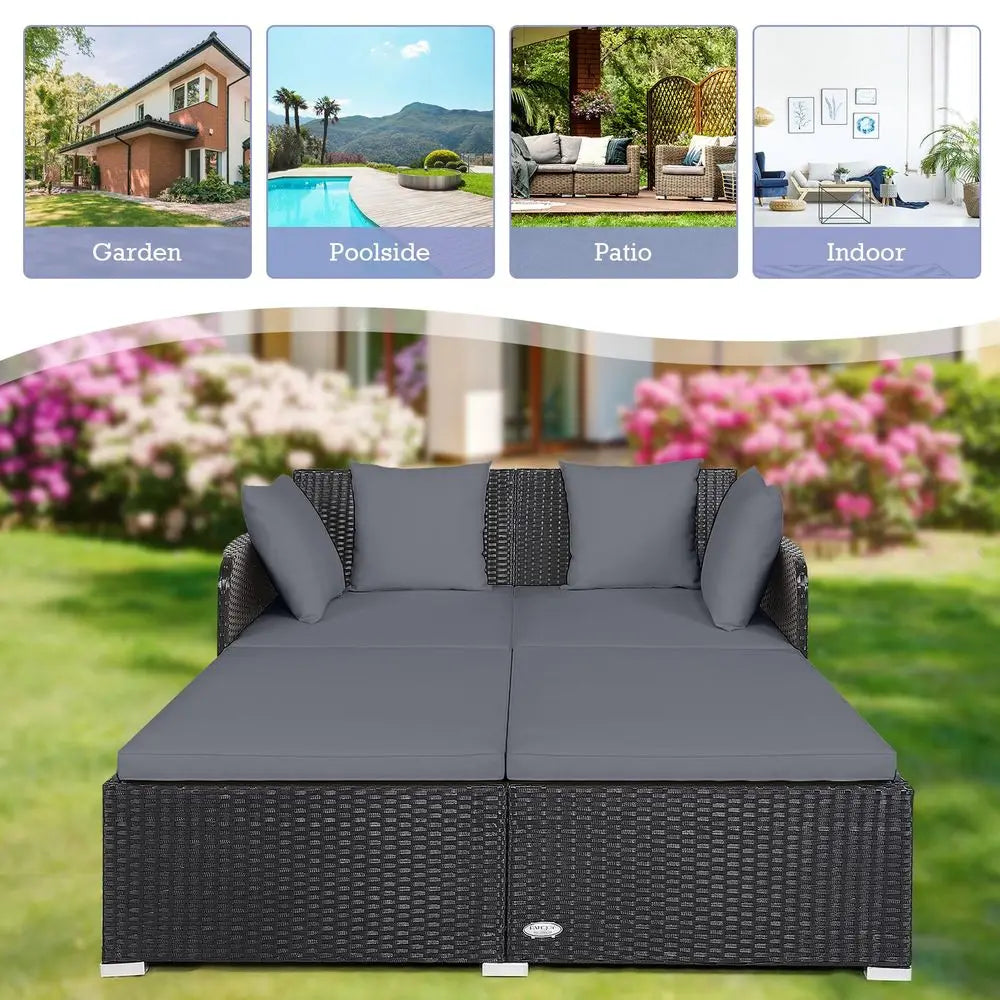 Rattan Patio Outdoor Daybed Wicker Two Person Sunbed Loveseat Cushions
