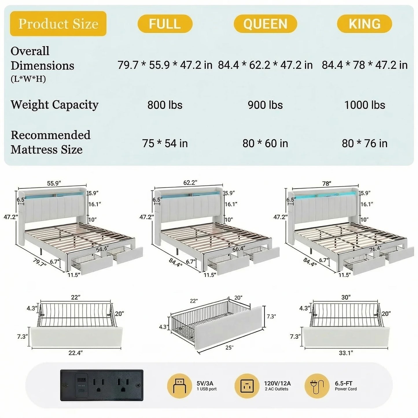 Hoomic Full Queen King Bed Frame With Storage Drawers Shelves Led Lights Charging Station