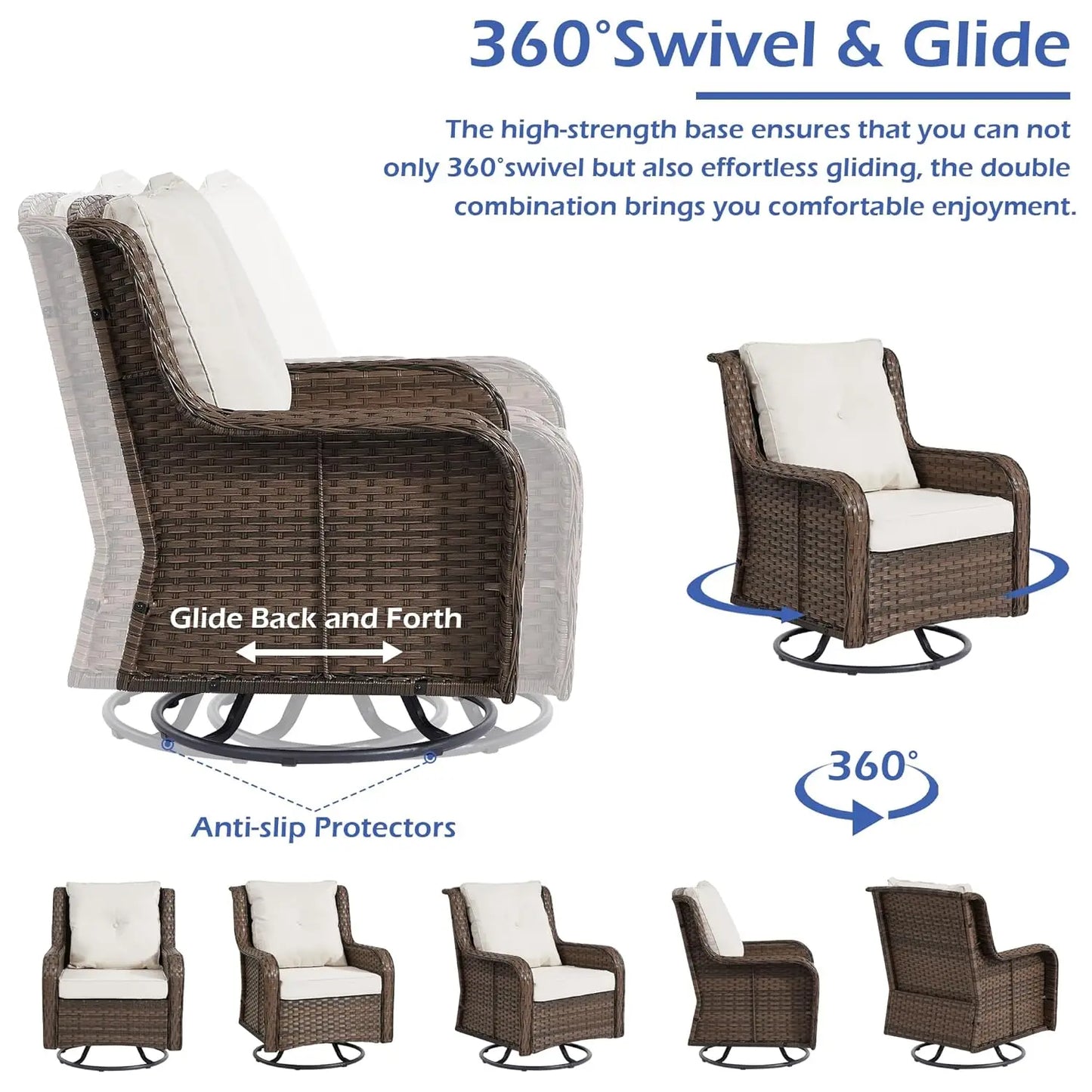 360 Degree Swivel Patio Set Wicker Rocking Chairs Side Table