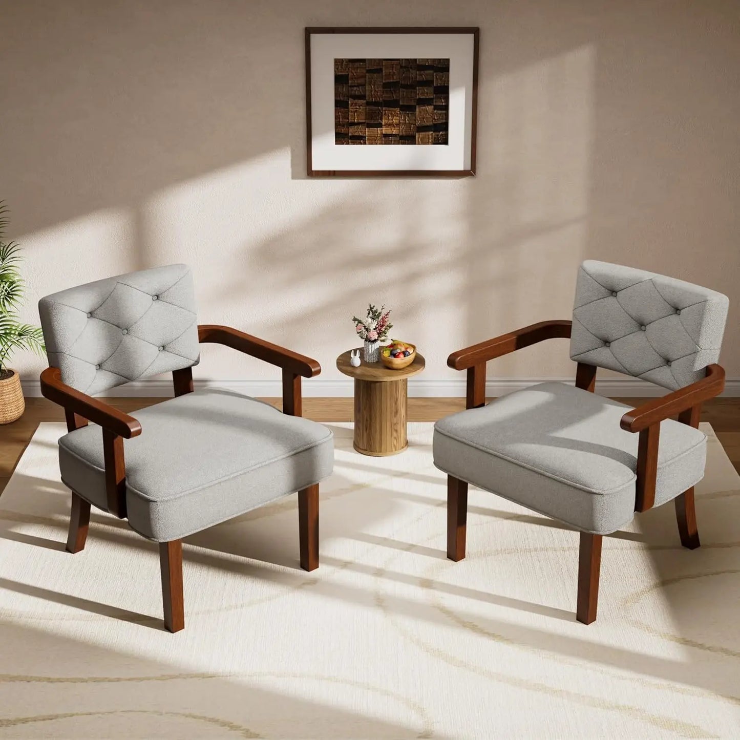 Oversized Upholstered Armchair Set Tufted Back Cushioned Wood Frame TwoPieceSet