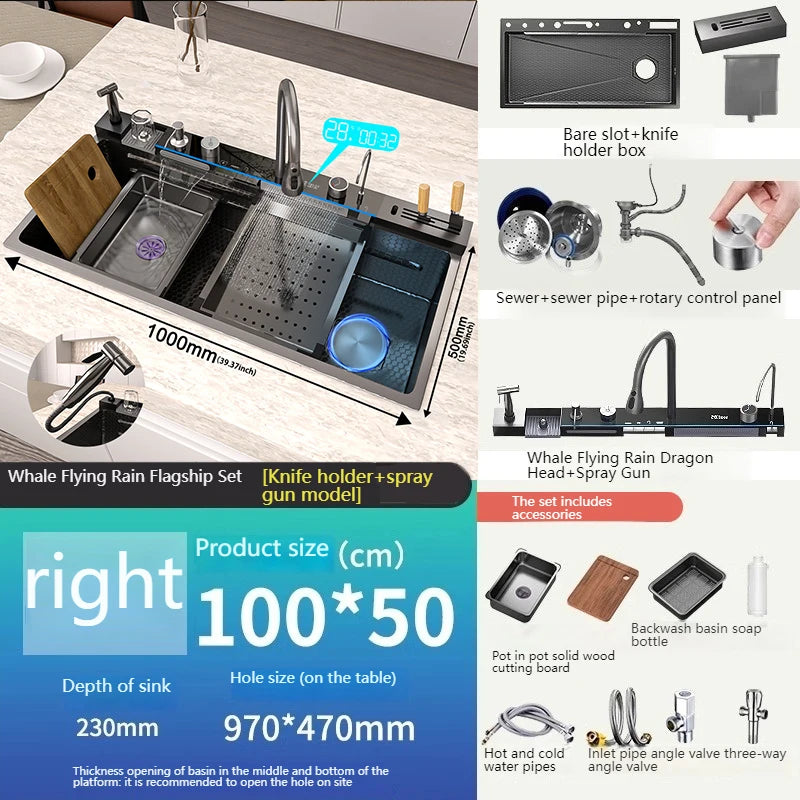 Telisiya Waterfall Kitchen Sink Stainless Steel Single Slot Digital Display
