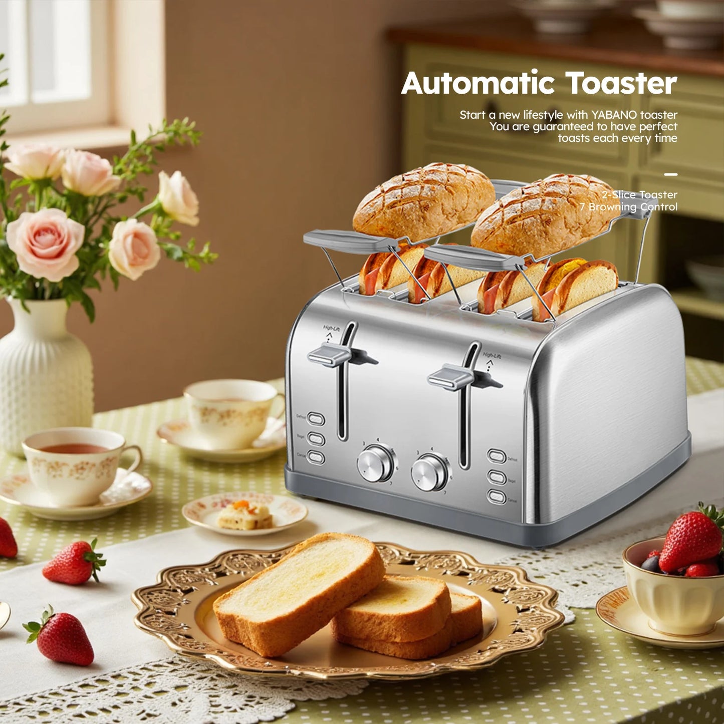 Stainless Steel Toaster With Wide Slots And Removable Crumb Tray