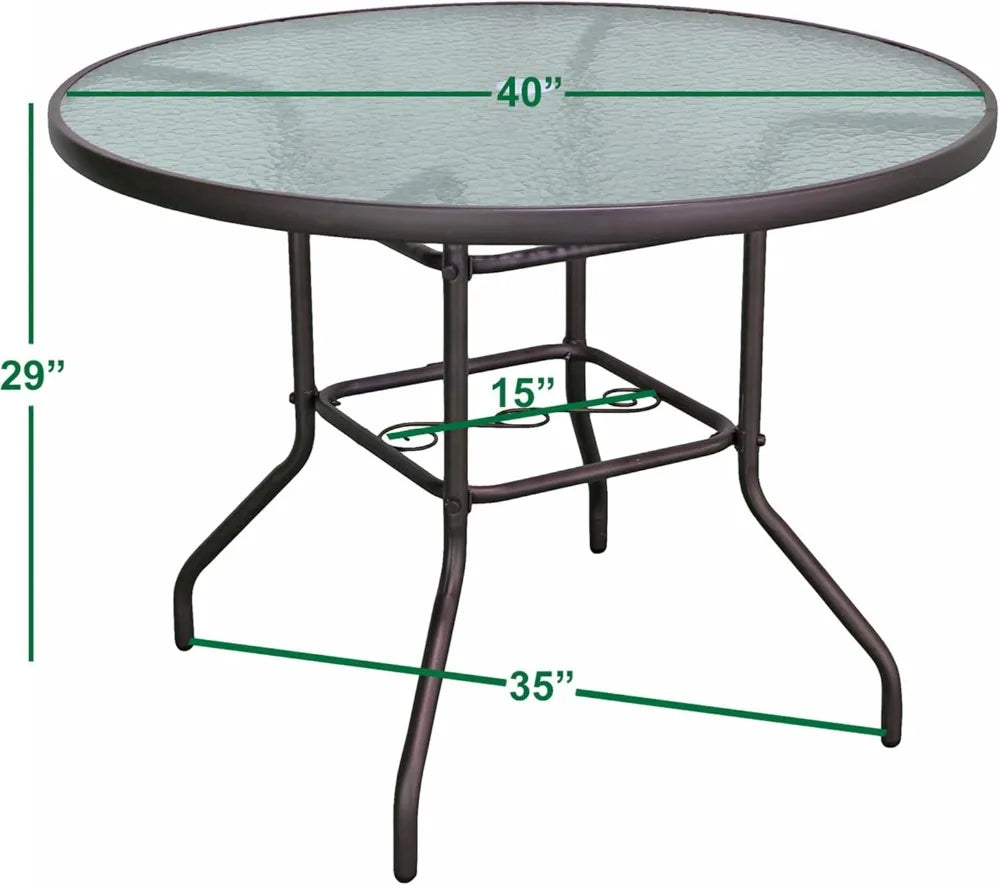 Round Patio Dining Table With Steel Base And Glass Top