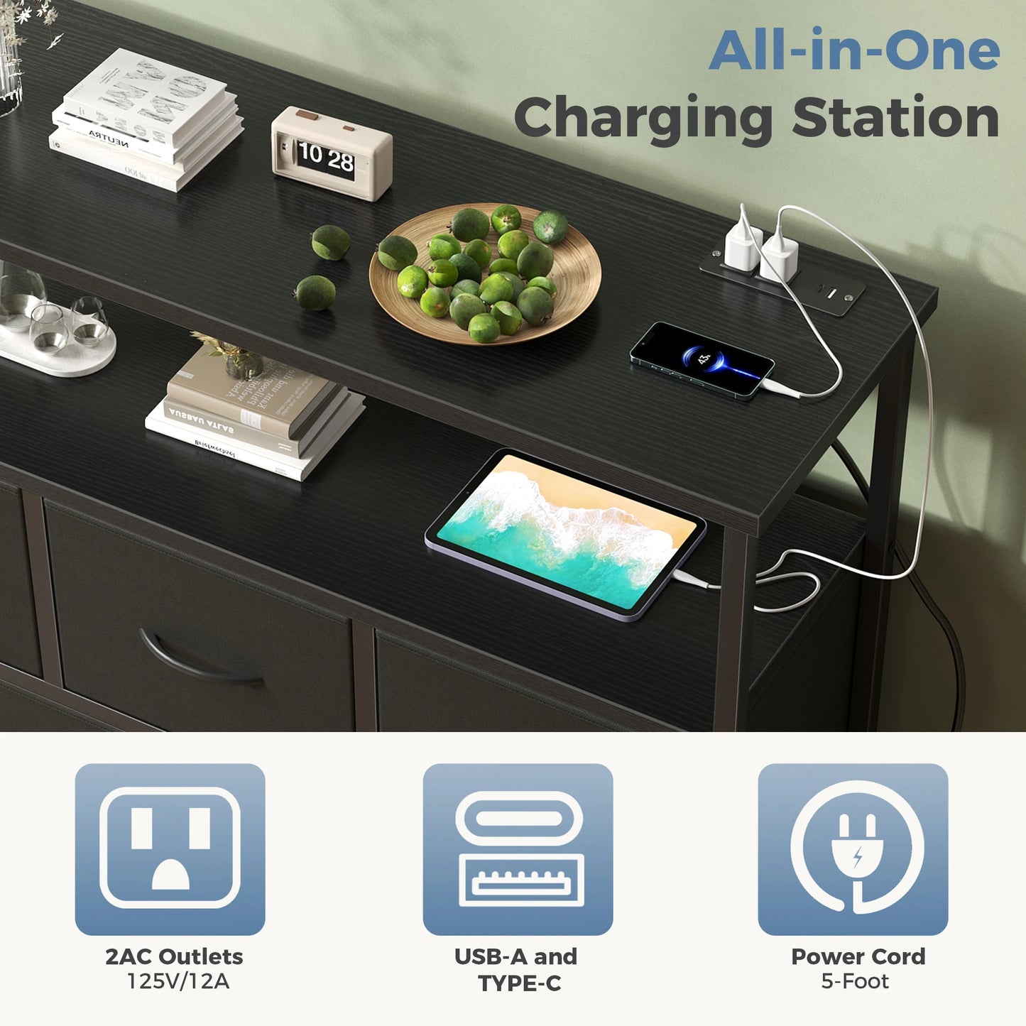 JHK TV Stand With Charging Station Media Console Open Shelves